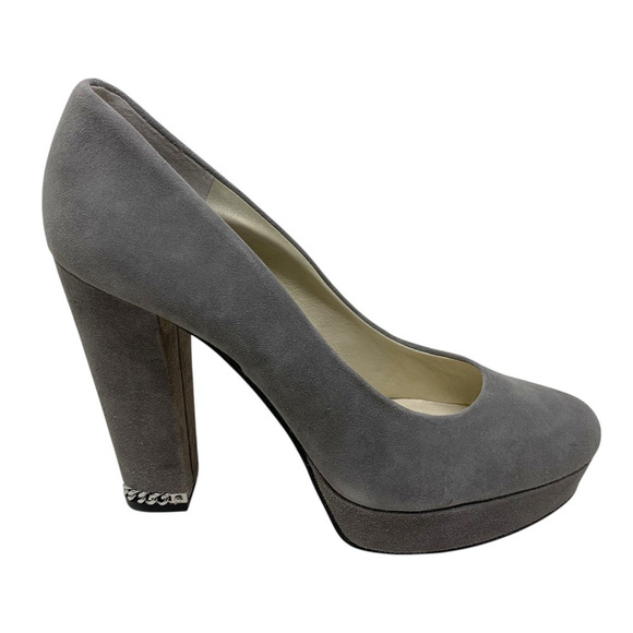 New Michael Kors Sabrina Steel Gray Suede Platform Pumps Sz 8.5 Chain Detail NWT - Picture 3 of 14